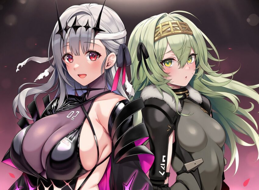 2girls :o artist_request blush bodysuit breasts goddess_of_victory:_nikke gradient_background green_hair grey_hair huge_breasts kilo_(nikke) latex long_hair modernia_(nikke) modernia_(second_affection)_(nikke) multiple_girls open_mouth red_eyes see-through_bodysuit see-through_clothes smile tagme yellow_eyes