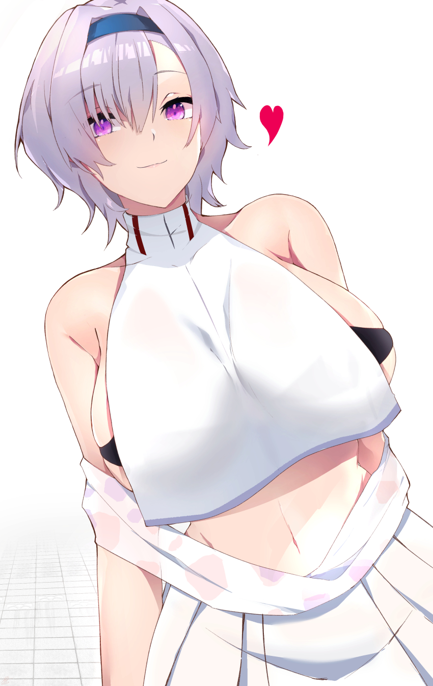 1girl absurdres azur_lane bare_shoulders belt_bra black_bra black_hairband bra breasts cheerleader chiru_(218mg) closed_mouth collarbone commentary_request cowboy_shot crop_top crop_top_overhang dutch_angle grey_hair hair_between_eyes hair_intakes hairband heart highres large_breasts looking_at_viewer navel official_alternate_costume pleated_skirt purple_eyes reno_(azur_lane) reno_(biggest_little_cheerleader)_(azur_lane) shirt sideboob sidelocks skirt sleeveless sleeveless_shirt smile solo standing stomach underwear white_background white_shirt white_skirt