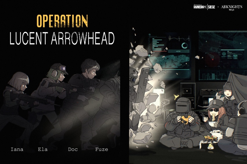 4boys 4girls absurdres arknights ash_(rainbow_six_siege) assault_rifle baseball_cap blitz_(rainbow_six_siege) bowl breaking_through_wall character_name commission copyright_name crossed_legs doc_(rainbow_six_siege) eating ela_(rainbow_six_siege) finger_on_trigger food frost_(rainbow_six_siege) fuze_(rainbow_six_siege) gimme2000 goggles goggles_on_headwear gun handgun hat helmet highres holding holding_gun holding_shield holding_weapon iana_(rainbow_six_siege) indian_style knit_hat logo monitor multiple_boys multiple_girls noodles rainbow_six_siege ramen revolver rifle riot_shield shield sitting surprised tachanka_(rainbow_six_siege) tent visor_(armor) weapon