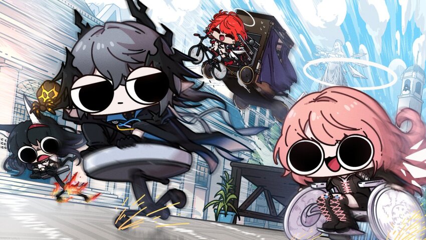 1boy 3girls adoptive_siblings animal_ears arknights bicycle black_gloves black_hair black_jacket blaze_(arknights) blue_sky boots cat_ears cat_girl closed_eyes closed_mouth cloud cloudy_sky cropped_jacket day demon_boy detached_wings energy_wings exusiai_(arknights) exusiai_the_new_covenant_(arknights) fingerless_gloves fire flying gloves grey_hair hair_between_eyes hairband halo head_wings horns jacket lace-up_boots lemuen_(arknights) logos_(arknights) long_hair long_sleeves looking_at_another miyan_(oceanmaiden) multiple_girls open_mouth outdoors pink_hair pointy_ears racing red_hair red_hairband riding riding_bicycle shirt sitting sky smile sparks thigh_boots traditional_halo wheelchair white_halo white_shirt wings wings_over_eyes