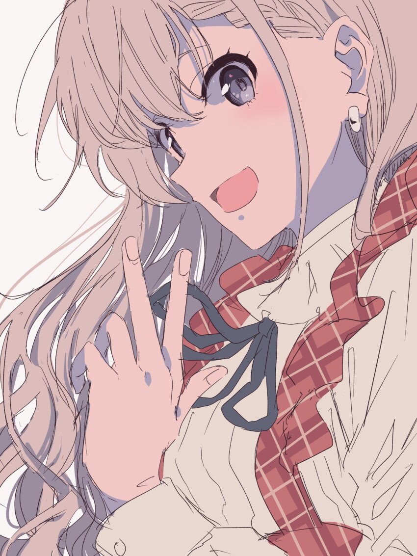 1girl :d asymmetrical_bangs bad_id bad_twitter_id black_ribbon blush braid braided_bangs dress earrings eyelashes frilled_shirt_collar frills grey_hair highres hisakawa_hayate idolmaster idolmaster_cinderella_girls idolmaster_cinderella_girls_starlight_stage jewelry long_hair long_sleeves looking_at_viewer looking_to_the_side mame_(da4_nu) neck_ribbon open_mouth pinafore_dress plaid_clothes plaid_dress purple_eyes red_dress ribbon round_collar shirt sketch sleeveless sleeveless_dress smile solo three_quarter_view upper_body w white_shirt