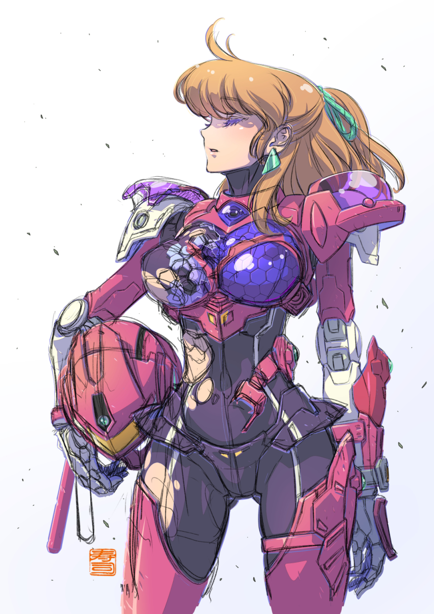 1girl anice_farm armor artist_name breasts brown_hair chouon_senshi_borgman closed_eyes damaged earrings green_ribbon hair_behind_ear hair_ribbon helmet highres holding holding_helmet jewelry kotobuki_tsukasa medium_breasts open_mouth pink_helmet ponytail power_armor ribbon science_fiction sketch solo triangle_earrings unworn_headwear unworn_helmet white_background