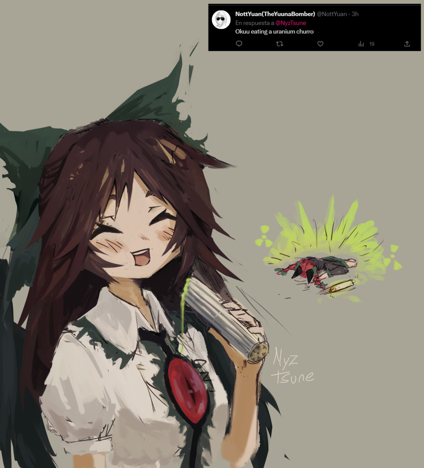 2girls :d absurdres animal_ears artist_name black_dress blush bow braid brown_hair cat_ears churro closed_eyes collared_shirt dress eating green_bow hair_bow hand_up highres kaenbyou_rin long_hair multiple_girls nagilamagykalz open_mouth radiation red_hair reiuji_utsuho screenshot_inset shirt sketch smile teeth third_eye touhou twin_braids upper_teeth_only uranium white_shirt