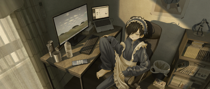 1boy apron barefoot black_hair blue_jacket blue_pants blue_track_suit bookshelf bottle cameo can cellphone commentary_request computer computer_keyboard crossdressing curtains drink_can energy_drink figure frilled_apron frills hair_over_one_eye hatsune_miku highres hunter_x_hunter ichigo_mashimaro indoors jacket jersey_maid knee_up laptop maid male_focus male_maid manga_(object) monitor original pants phone poster_(object) red_bull sasakure_(mogunonbi) short_hair smartphone soda_can table tissue_box toes track_jacket track_suit trash_can turtleneck turtleneck_jacket unconventional_maid vocaloid water_bottle white_apron window