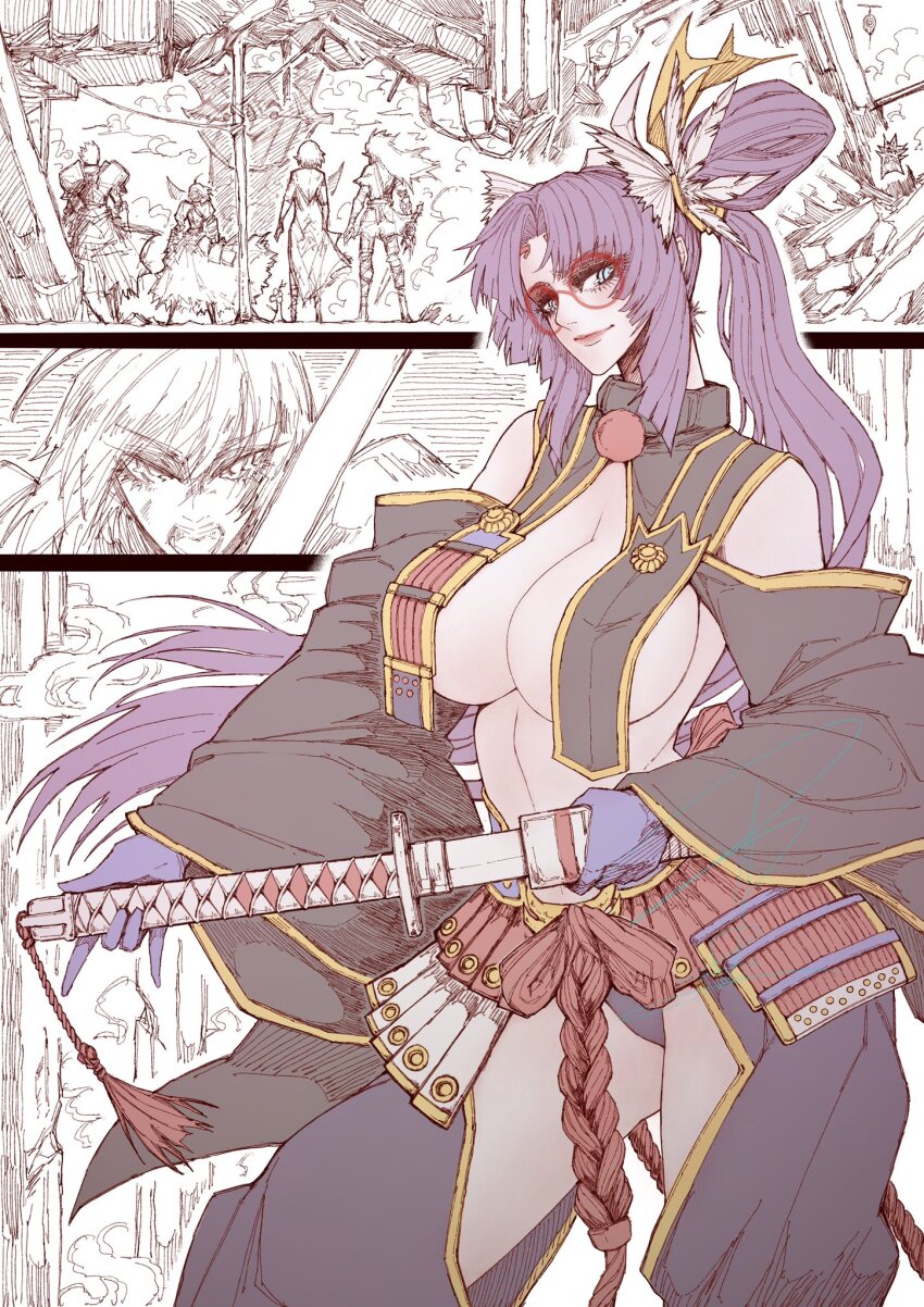 1girl ass breasts cleavage eyelashes fate/grand_order fate_(series) glasses gloves green_eyes highres jun_wu_mo large_breasts legs long_hair looking_at_viewer red-framed_eyewear smile thick_thighs thighs