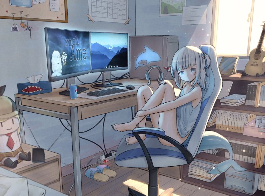 blue_eyes blue_nails blue_tank_top book bookshelf bottomless bulletin_board cable calendar_(object) can cellphone chair charging_device computer desk drink_can electric_plug electrical_outlet feet_on_chair fins fish_tail flip-flops gaming_chair gawr_gura hair_ornament headphones highres hololive hololive_english instrument computer_keyboard kotori_(takanashi_kiara) looking_at_viewer medium_hair monitor computer_mouse nail_polish no_panties on_chair pepsi phone picture_frame power_strip ray_peng sandals scythe shark_girl shark_hair_ornament shark_print shark_tail sitting smartphone smol_ame soda_can solo stuffed_toy swivel_chair tail takodachi_(ninomae_ina&#039;nis) tank_top tissue_box toenail_polish toenails two_side_up ukulele virtual_youtuber watson_amelia white_hair
