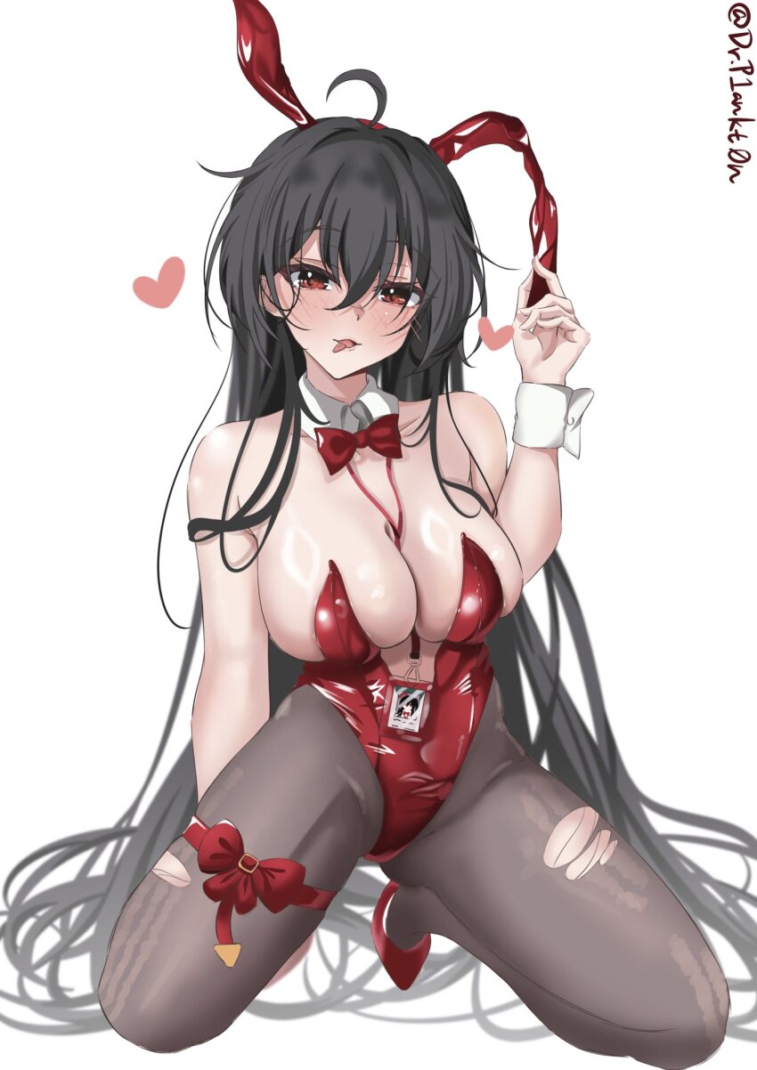 1girl animal_ear_hairband animal_ears azur_lane black_hair blush bow bowtie breasts dr.plankton fake_animal_ears hair_spread_out hairband highres leotard long_hair official_alternate_costume pantyhose playboy_bunny rabbit_ear_hairband rabbit_ears red_bow red_bowtie red_eyes red_leotard solo strapless strapless_leotard taihou_(azur_lane) taihou_(fun_on_the_baize)_(azur_lane) torn_clothes torn_pantyhose undersized_breast_cup very_long_hair white_wrist_cuffs wrist_cuffs