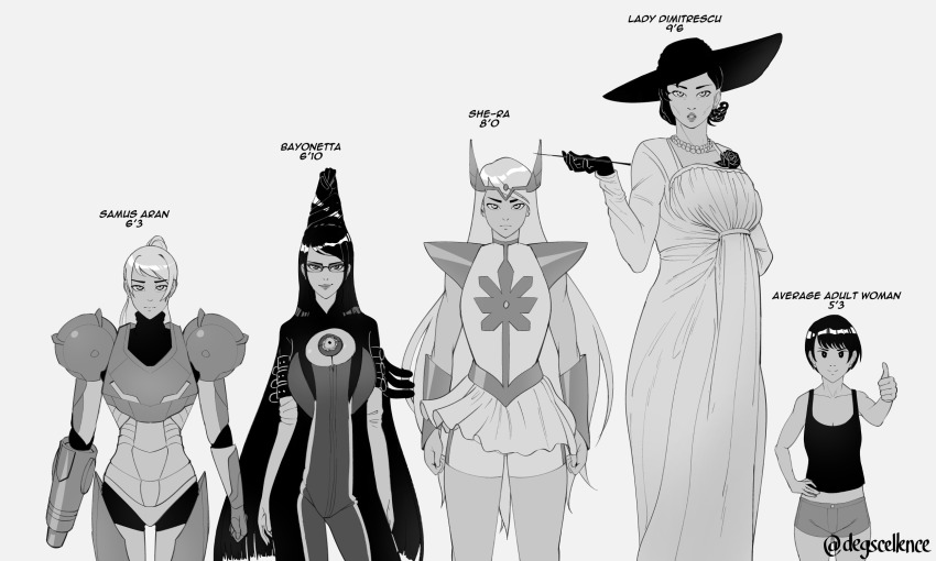 5girls alcina_dimitrescu arm_cannon bayonetta bayonetta_(series) black_gloves black_hair bodysuit degs dress elbow_gloves flower glasses gloves greyscale hat height_chart highres jewelry long_hair looking_at_viewer metroid monochrome multiple_girls necklace nintendo pearl_necklace ponytail power_suit_(metroid) resident_evil resident_evil_village rose samus_aran she-ra she-ra_and_the_princesses_of_power shorts shorts_under_skirt smile sun_hat tall_female tiara varia_suit very_long_hair weapon white_dress