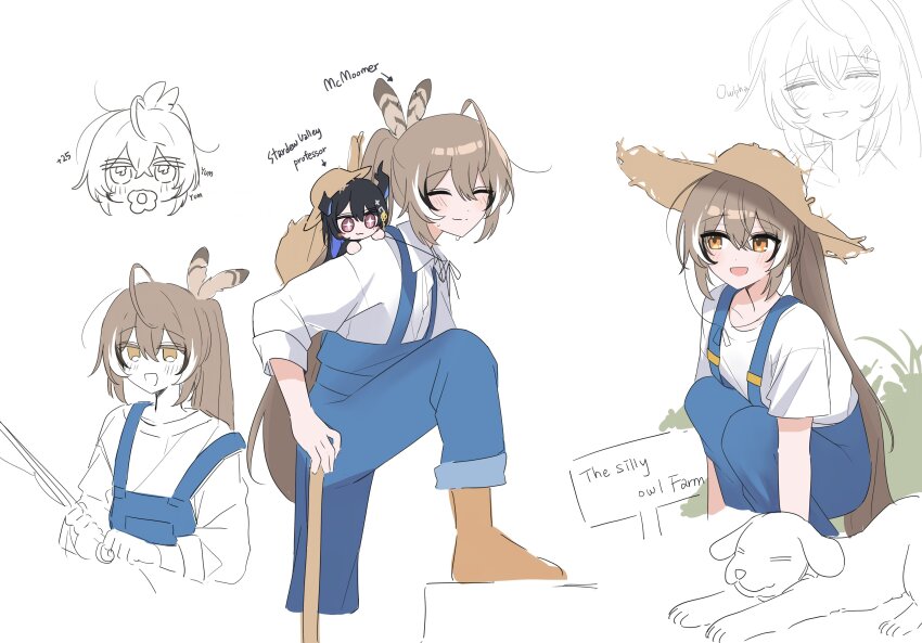 +_+ 2girls :3 absurdres ahoge alternate_costume asymmetrical_horns black_hair blue_hair blue_overalls brown_eyes brown_hair closed_eyes colored_inner_hair crossed_bangs dog dress_shirt english_text farmer feather_hair_ornament feathers fishing fishing_rod flower flower_in_mouth grass hair_between_eyes hair_ornament hairclip hat highres holding holding_fishing_rod hololive hololive_english horns long_hair long_sleeves lying mini_person minigirl multicolored_hair multiple_girls multiple_views nanashi_mumei nerissa_ravencroft nerissa_ravencroft_(1st_costume) on_back overalls ponytail shirt sign sketch split-color_hair squatting stardew_valley straw_hat streaked_hair tassel tassel_hair_ornament very_long_hair virtual_youtuber white_shirt xx_tk9