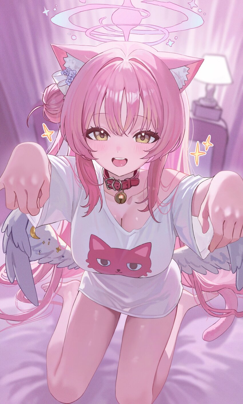 1girl absurdres animal_ear_fluff animal_ears barefoot bed_sheet bell blue_archive blush breasts cat_ears cat_tail cleavage collar collarbone commentary feathered_wings hair_between_eyes hair_bun halo highres jingle_bell kemonomimi_mode kneeling lamp large_breasts long_hair looking_at_viewer low_wings mika_(blue_archive) neck_bell off_shoulder open_mouth pink_hair pink_halo red_collar shirt solo t-shirt tail teeth upper_teeth_only very_long_hair white_shirt white_wings wings yamu_(yamu_030) yellow_eyes