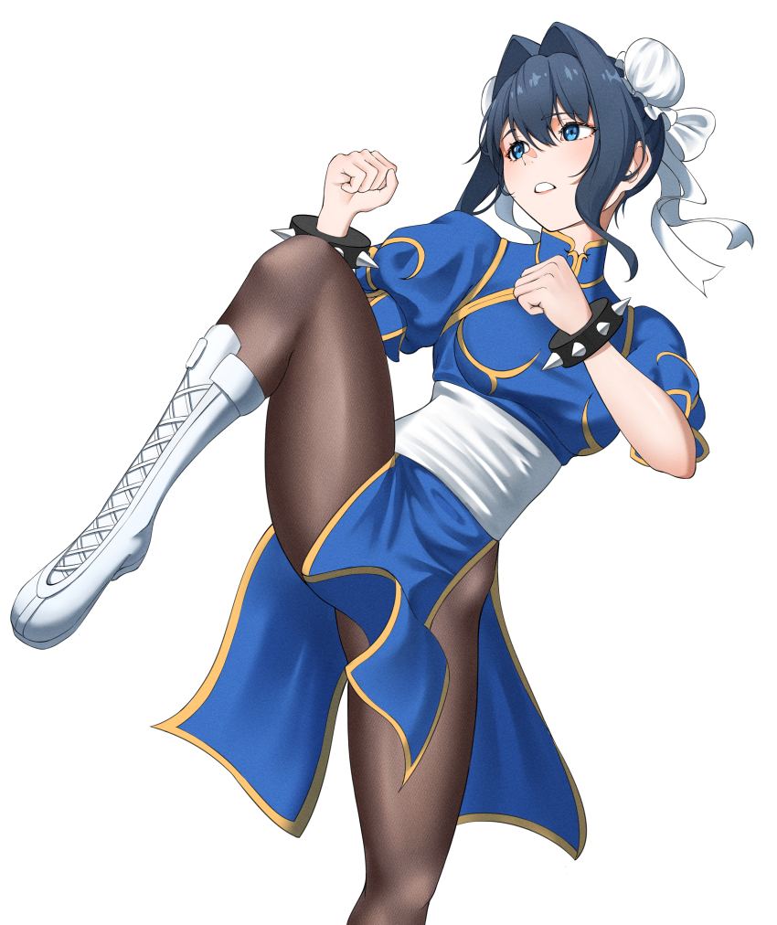 1girl absurdres black_pantyhose blue_eyes blue_hair boots bracelet bun_cover capcom chun-li chun-li_(cosplay) clenched_hands commentary cosplay double-parted_bangs double_bun dress english_commentary fighting_stance foot_up hair_between_eyes hair_bun hair_intakes hazeillusts highres hololive hololive_english jewelry knee_boots lace-up_boots ouro_kronii pantyhose parted_lips pelvic_curtain puffy_short_sleeves puffy_sleeves sash short_hair short_sleeves simple_background solo spiked_bracelet spikes standing standing_on_one_leg street_fighter virtual_youtuber white_background white_boots white_sash