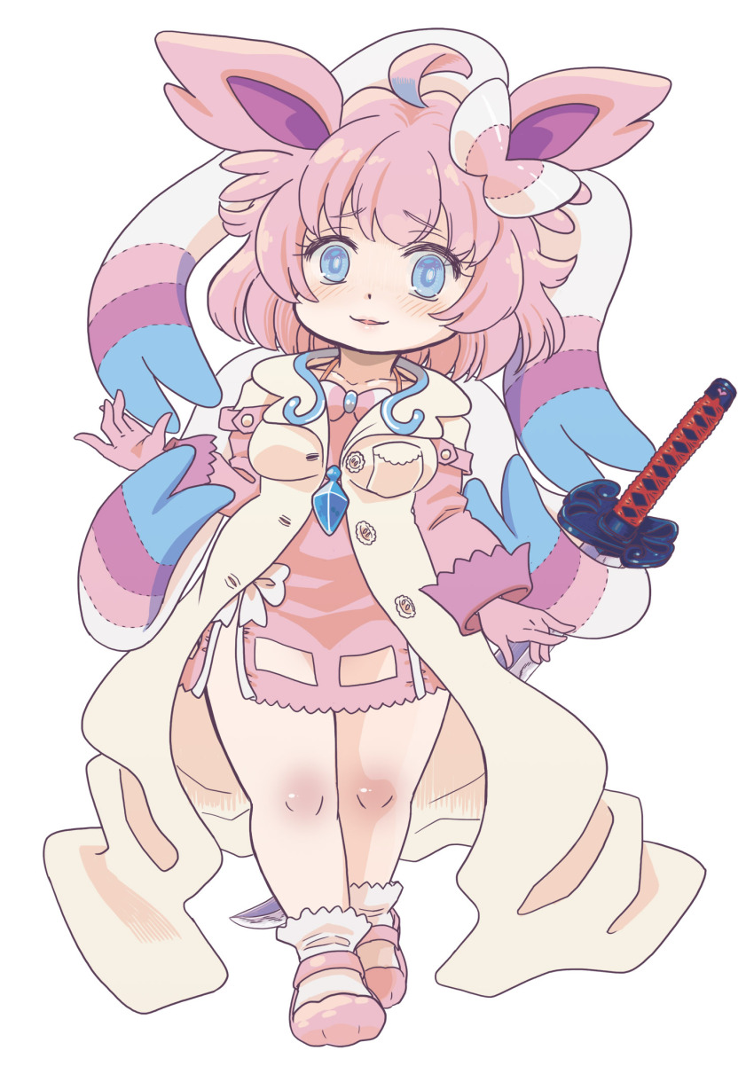 1girl ahoge blue_eyes blush bow breasts coat commentary_request cookie_(touhou) dress full_body gen_6_pokemon gloves hair_bow highres katana long_sleeves looking_at_viewer mary_janes medium_breasts medium_hair nintendo nyon_(cookie) open_mouth pink_dress pink_gloves pink_hair pink_shoes pokemon raised_eyebrows shoes simple_background sleeveless sleeveless_coat smile socks solo sword sylveon tsuzuchii walking weapon white_background white_bow white_coat white_socks