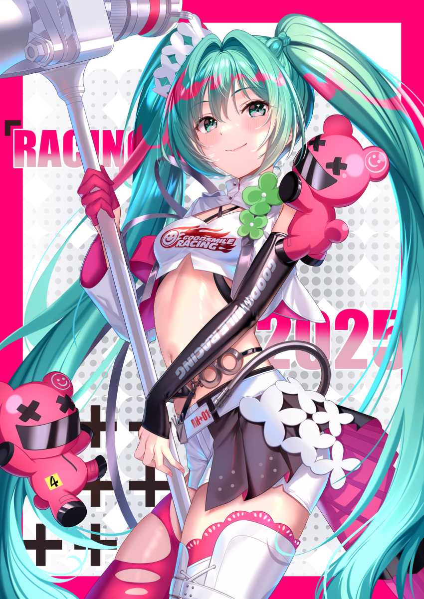 1girl aqua_hair asymmetrical_gloves breasts closed_mouth cowboy_shot crop_top detached_sleeves gloves goodsmile_racing green_eyes hatsune_miku highres holding holding_megaphone ldfe_mk2 long_hair looking_at_viewer megaphone midriff navel racing_miku racing_miku_(2025) red_thighhighs shirt short_shorts shorts single_detached_sleeve single_sleeve small_breasts smile solo stomach thighhighs twintails very_long_hair vocaloid white_shirt white_shorts