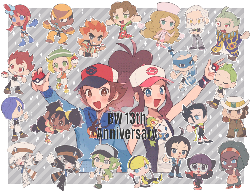 6+boys 6+girls :d alder_(pokemon) anniversary arm_up bianca_(pokemon) black_vest blue_eyes blue_jacket blush border bright_pupils brown_eyes brown_hair brycen_(pokemon) burgh_(pokemon) caitlin_(pokemon) cheren_(pokemon) chibi chili_(pokemon) cilan_(pokemon) clay_(pokemon) commentary_request cress_(pokemon) diamond_(shape) drayden_(pokemon) elesa_(pokemon) emmet_(pokemon) eyelashes gen_5_pokemon ghetsis_(pokemon) grimsley_(pokemon) hat high_ponytail highres hilbert_(pokemon) hilda_(pokemon) hime_(himetya105) holding holding_poke_ball ingo_(pokemon) iris_(pokemon) jacket lenora_(pokemon) long_sleeves marshal_(pokemon) multiple_boys multiple_girls n_(pokemon) nintendo open_clothes open_mouth open_vest oshawott outline outside_border poke_ball poke_ball_(basic) poke_ball_print pokemon pokemon_bw ponytail red_headwear shauntal_(pokemon) shirt short_hair sidelocks skyla_(pokemon) sleeveless sleeveless_shirt smile snivy tepig vest white_border white_headwear white_pupils white_shirt zipper_pull_tab