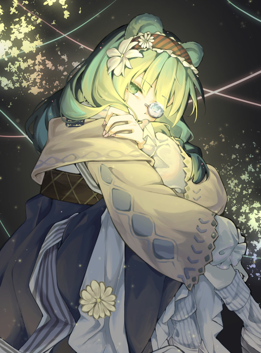 1girl absurdres animal_ears aqua_eyes aqua_hair arknights bear_ears bear_girl black_background blue_dress brown_sweater dress flower frilled_hairband frills hair_flower hair_ornament hairband highres istina_(arknights) istina_(bibliosmia)_(arknights) long_hair long_sleeves looking_at_viewer monocle official_alternate_costume red_hairband semi-rimless_eyewear simple_background sitting solo sweater under-rim_eyewear white_flower yellow_flower zhang_yan_(omega-3298)