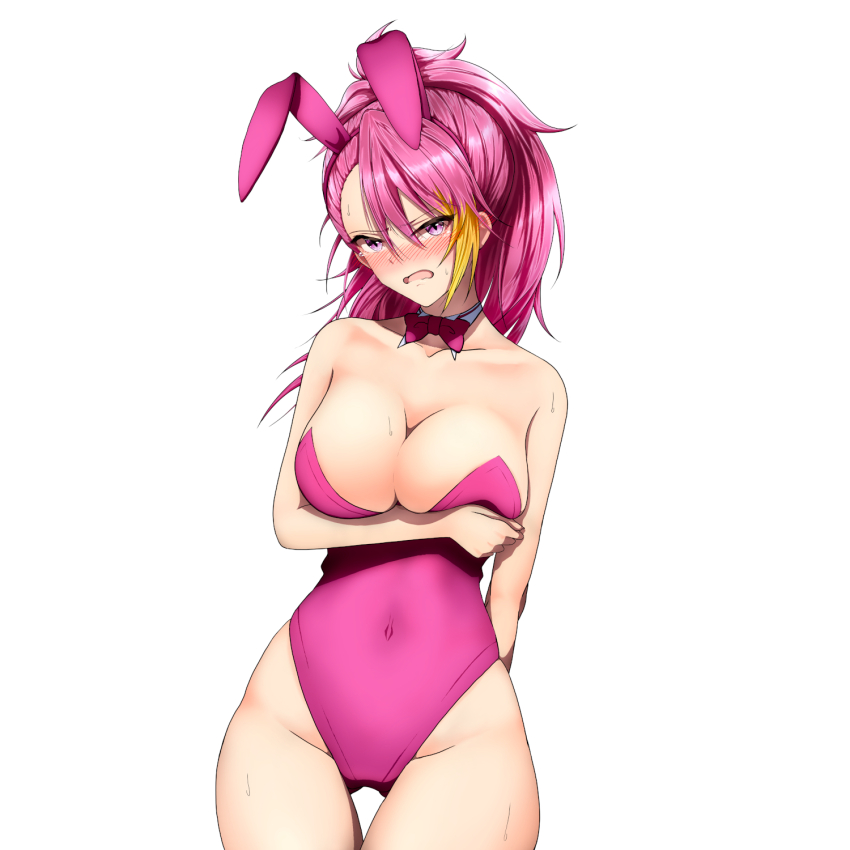 1girl animal_ears arm_under_breasts asymmetrical_bangs blonde_hair blush bow bowtie breasts cleavage collarbone covered_navel detached_collar fake_animal_ears full-face_blush groin highres hitofudegaki_usagi idolmaster idolmaster_million_live! large_breasts leotard looking_at_viewer maihama_ayumu multicolored_hair pink_bow pink_bowtie pink_hair pink_leotard playboy_bunny rabbit_ears simple_background solo streaked_hair sweatdrop thigh_gap white_background