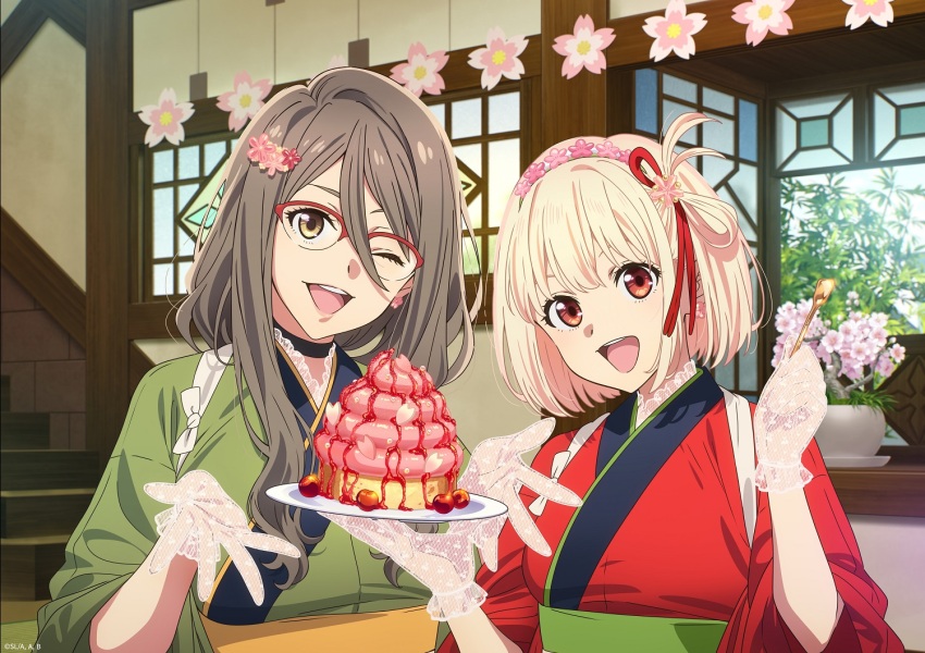 2girls black_choker brown_eyes brown_hair choker commentary_request glasses gloves green_kimono hair_between_eyes hair_ribbon holding holding_spoon indoors japanese_clothes kimono lace lace_gloves long_hair long_hair_between_eyes lycoris_recoil multiple_girls nakahara_mizuki nishikigi_chisato obi official_art one_eye_closed one_side_up red-framed_eyewear red_eyes red_kimono red_ribbon ribbon sash spoon tasuki white_gloves