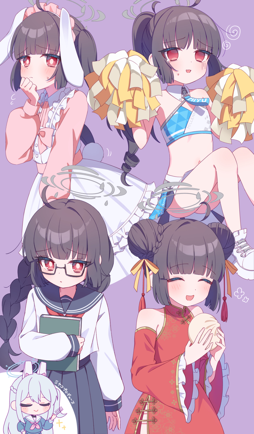 2girls :d absurdres ahoge alternate_costume alternate_hairstyle animal_ears steamed_bun bespectacled black_hair blue_archive blue_halo blue_shirt blue_skirt book braid character_name china_dress chinese_clothes closed_eyes comb commentary_request detached_sleeves double_bun dress empty_eyes enmaided fake_animal_ears fake_tail flying_sweatdrops food glasses gloom_(expression) grey_halo grey_sailor_collar grey_skirt hair_bun hair_ornament hair_ribbon halo hand_on_own_hip hand_up hands_up highres holding holding_book holding_comb holding_food holding_pom_poms looking_at_viewer maid maid_headdress millennium_cheerleader_outfit_(blue_archive) miyako_(blue_archive) miyu_(blue_archive) multiple_girls multiple_views name_tag navel neckerchief open_mouth parted_lips pink_neckerchief pleated_skirt pom_pom_(cheerleading) pom_poms ponytail punapuraaa purple_background rabbit_ears rabbit_tail red_dress red_eyes red_neckerchief red_sleeves ribbon ringlets sailor_collar school_uniform serafuku shirt sidelocks simple_background skirt smile sparkle sports_bra stomach swirl tail tassel tassel_hair_ornament translation_request twin_braids twintails two-tone_sports_bra white_footwear white_shirt yellow_ribbon