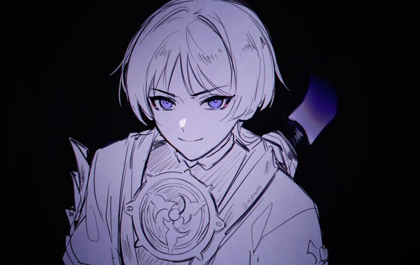 1boy black_background blunt_ends cable closed_mouth eyeliner eyeshadow genshin_impact greyscale highres japanese_clothes jewelry kimono light_frown looking_at_viewer makeup male_focus mitsudomoe_(shape) monochrome neck_ring open_clothes open_kimono portrait purple_eyes red_eyeliner red_eyeshadow scaramouche_(genshin_impact) sgm618 short_sleeves single_sode smile solo spot_color tomoe_(symbol) twitter_username wispy_bangs