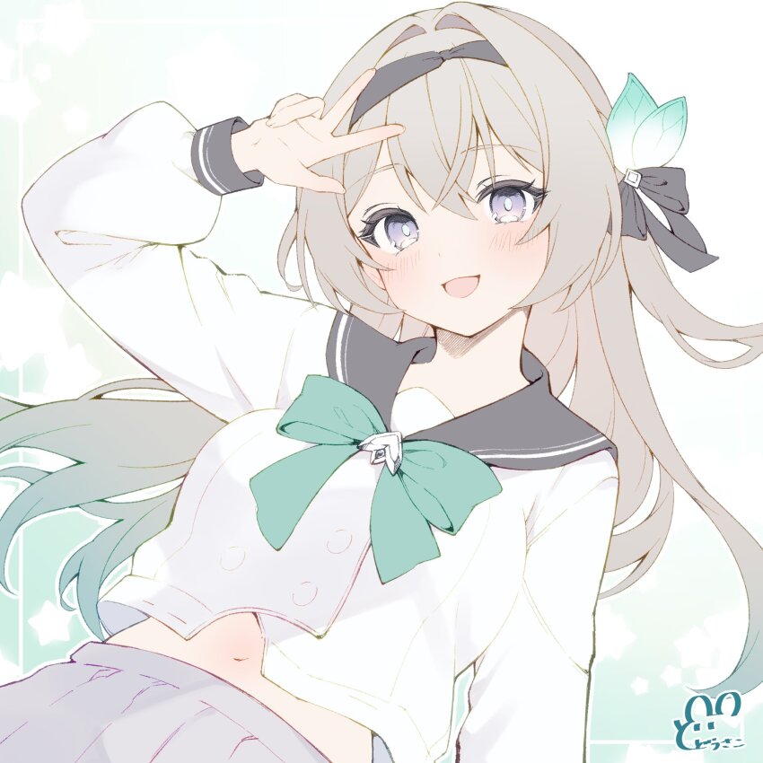 1girl belly black_hairband black_ribbon black_sailor_collar blush bow bowtie buttons dodosako double-breasted firefly_(honkai:_star_rail) firefly_(spring_missive)_(honkai:_star_rail) gradient_hair green_bow green_bowtie green_pupils grey_hair grey_skirt hair_between_eyes hair_intakes hairband highres honkai:_star_rail honkai_(series) long_hair long_sleeves multicolored_hair navel official_alternate_costume open_mouth pleated_skirt purple_eyes ribbon sailor_collar simple_background skirt smile solo v v_over_head white_background white_sleeves