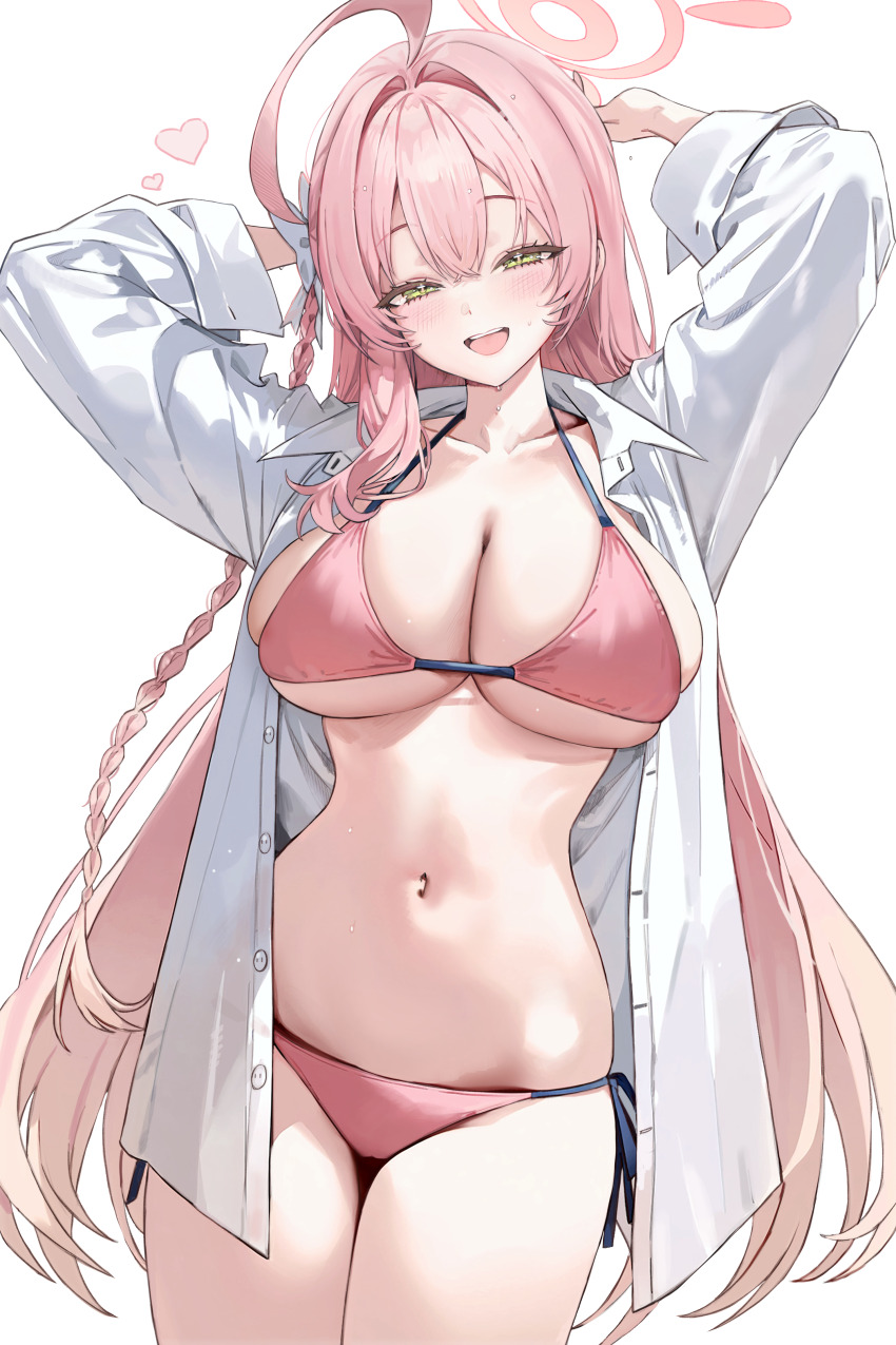 1girl absurdres ahoge arms_up bikini blue_archive blush bow breasts collarbone cowboy_shot freng green_eyes hair_bow halo halterneck hanako_(blue_archive) hanako_(swimsuit)_(blue_archive) heart highres huge_ahoge large_breasts long_braid long_hair looking_at_viewer navel official_alternate_costume open_clothes open_shirt pink_bikini pink_hair shirt side-tie_bikini_bottom simple_background skindentation smile solo stomach straight_hair string_bikini sweat swimsuit thighs very_long_hair white_background white_bow white_shirt