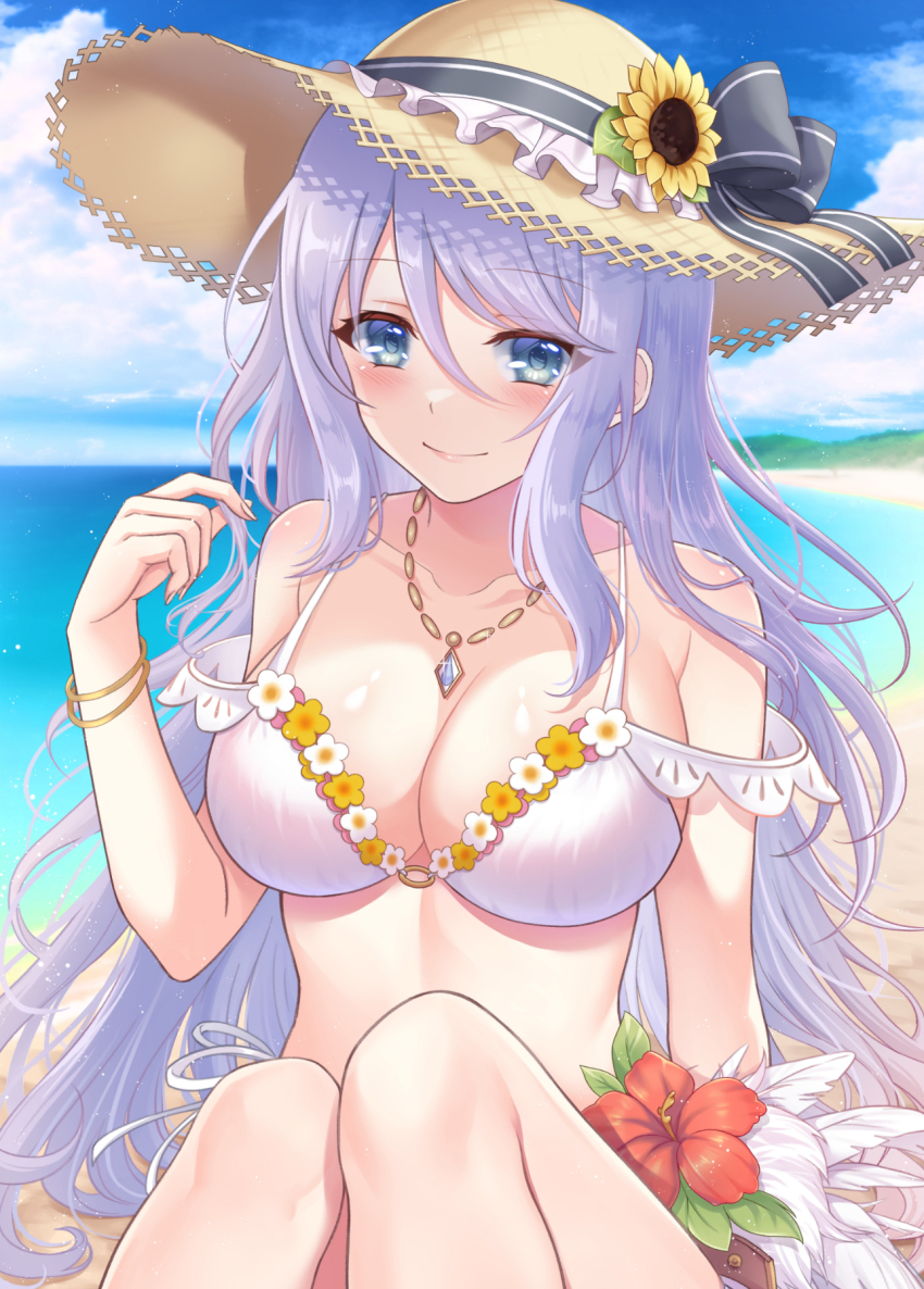 1girl bikini blue_eyes braid breasts flower flower_trim hair_between_eyes hat hat_flower hat_ribbon highres jewelry large_breasts long_hair looking_at_viewer necklace o-ring o-ring_bikini phoebe_diau princess_connect! purple_hair ribbon shizuru_(princess_connect!) shizuru_(summer)_(princess_connect!) sitting smile straw_hat sun_hat sunflower swimsuit twin_braids white_bikini