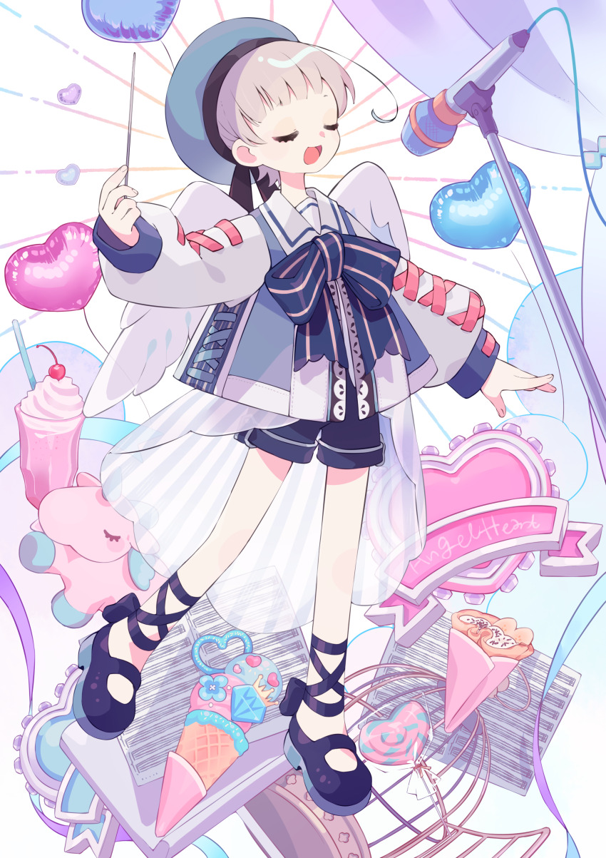 1girl :d absurdres ankle_lace-up balloon blue_bow blue_bowtie blue_hat blue_shoes blue_shorts blunt_bangs bow bowtie closed_eyes commentary_request food full_body grey_hair hat heart_balloon highres holding_baton ice_cream long_sleeves mary_janes microphone microphone_stand open_mouth original shirt shoes short_hair shorts smile solo sorata123 white_shirt white_wings wings yume_kawaii