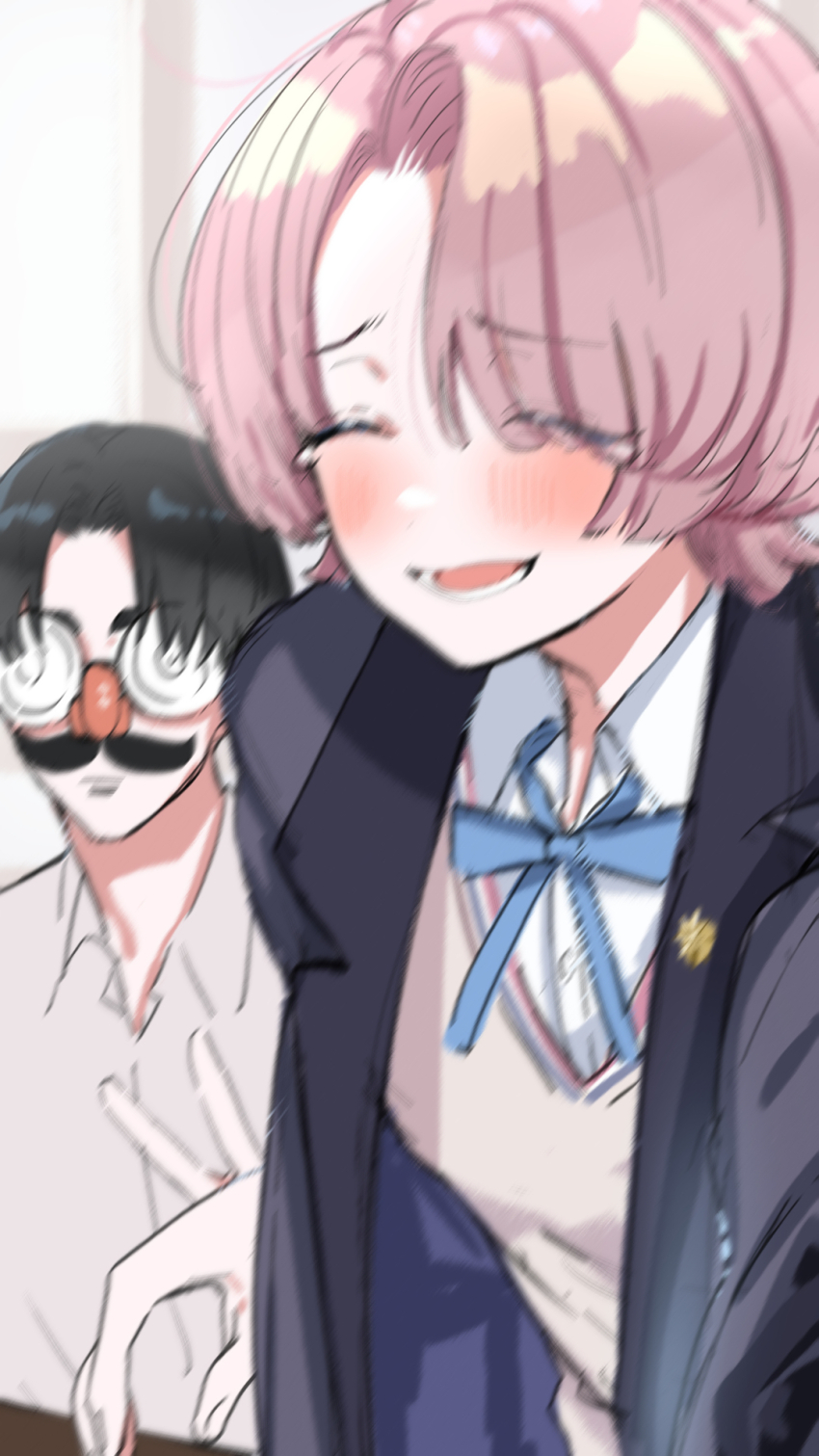 1boy 1girl ^_^ arimura_mao asymmetrical_bangs black_hair black_jacket blue_ribbon blurry blush closed_eyes coke-bottle_glasses commentary_request gakuen_idolmaster glasses hatsuboshi_gakuen_school_uniform highres idolmaster jacket kasasagi_(futagodori888) laughing neck_ribbon pink_hair producer_(idolmaster) ribbon school_uniform shirt short_hair smile sweater_vest tears v white_shirt