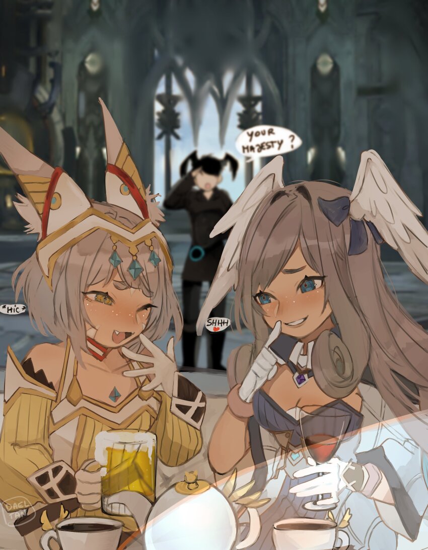 2girls absurdres aizel_(xenoblade_chronicles_3) alcohol animal_ears beer beer_mug blue_eyes blurry blurry_background breasts character_request chest_jewel cleavage cup dadeltan drinking_glass drunk english_text fang gloves grey_hair head_wings hiccup highres indoors melia_antiqua mug multiple_girls nia_(xenoblade) small_breasts speech_bubble teacup teapot upper_body white_gloves wine wine_glass wings xenoblade_chronicles_(series) xenoblade_chronicles_3 yellow_eyes
