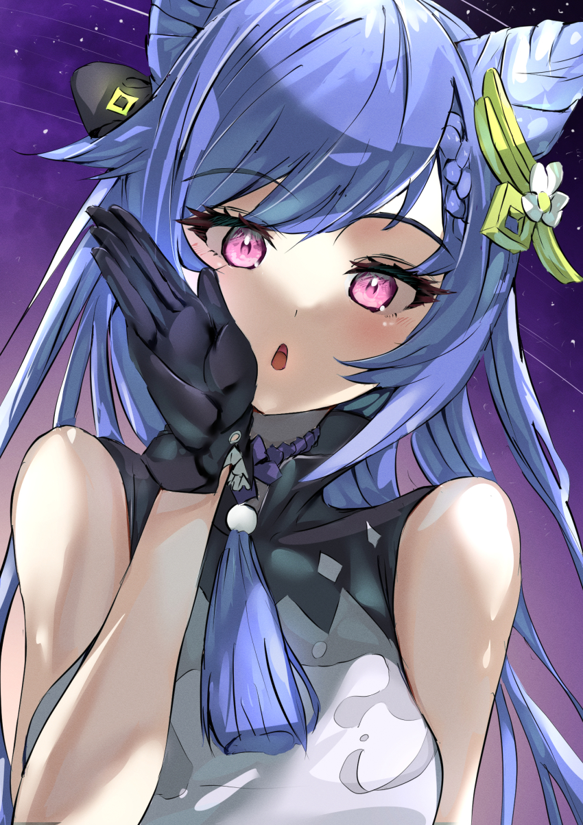 1girl bare_shoulders blush bow braid breasts choker double_bun dress genshin_impact gloves hair_bow hair_bun hair_ornament hairclip hand_up highres honehone_(xsnk8483) keqing_(genshin_impact) looking_at_viewer open_mouth purple_hair purple_sky sky sleeveless sleeveless_dress star_(sky) starry_sky twintails