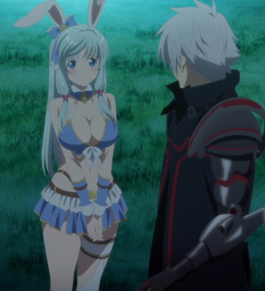 1boy 1girl arifureta_shokugyou_de_sekai_saikyou bikini bikini_top_only blue_hair blush breasts cleavage highres large_breasts legs long_hair looking_at_viewer midriff navel own_hands_together rabbit_ears shea_haulia short_hair solo stitched swimsuit thighs third-party_edit thong whale white_hair worried