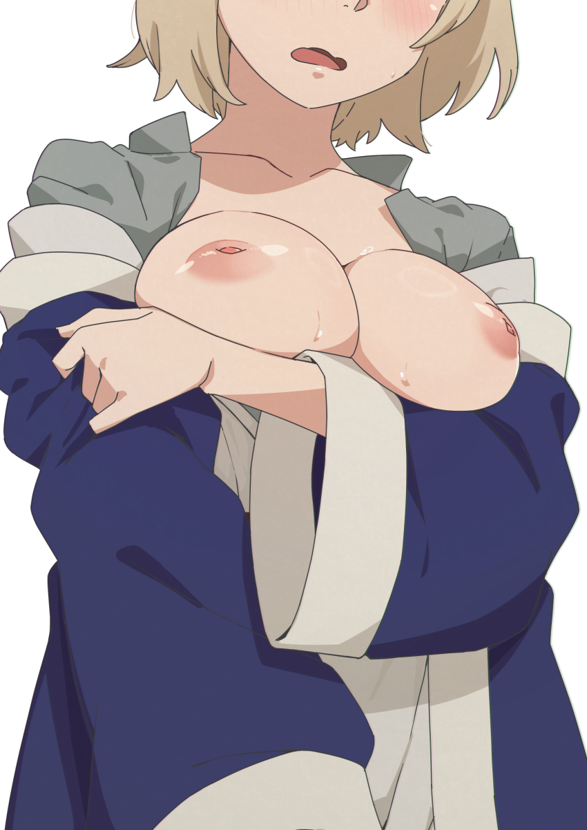 blonde_hair blush breasts dungeon_meshi falin_touden highres large_breasts morisobo short_hair shy tagme white_background