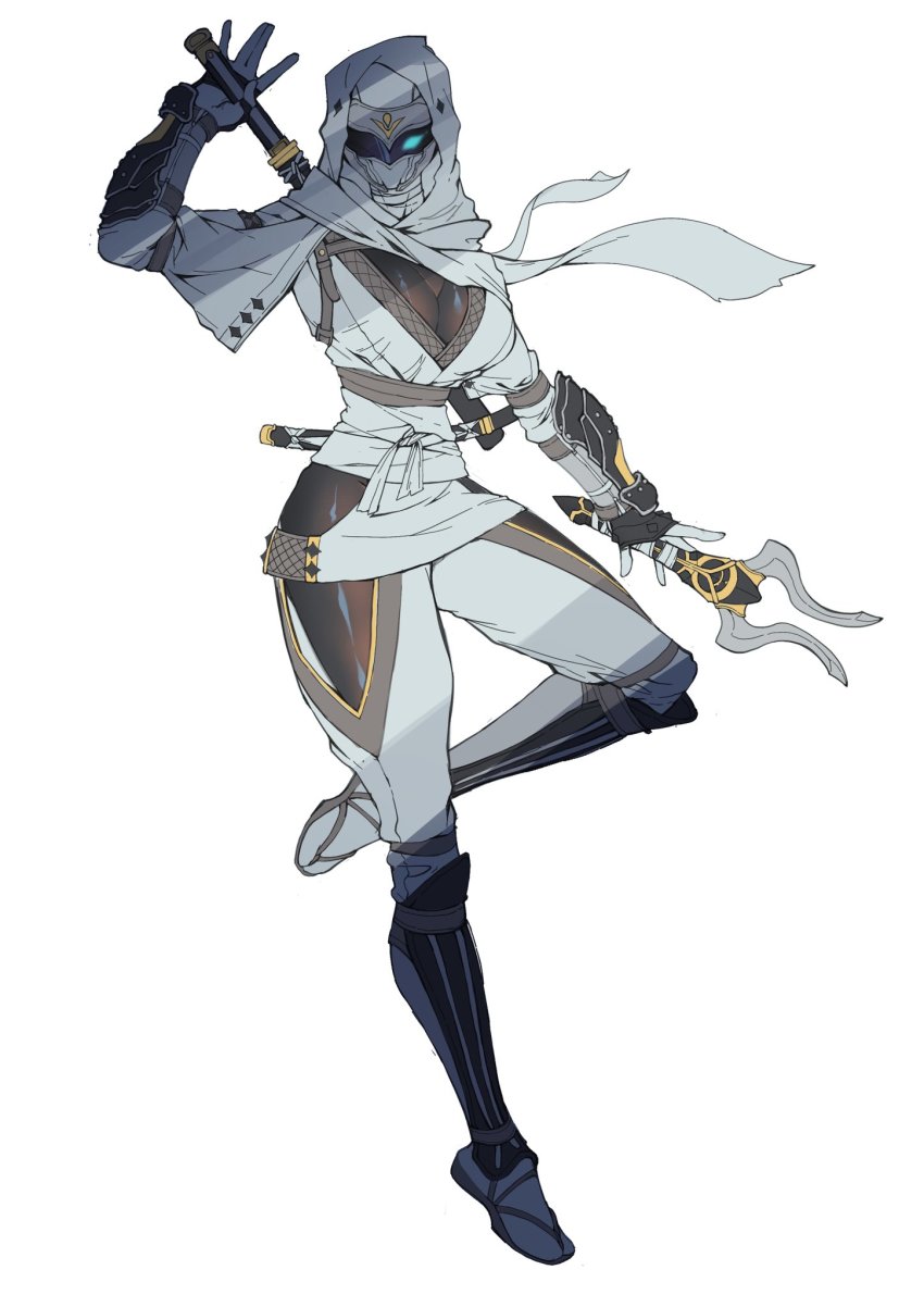 1girl blue_eyes bodystocking breasts catball1994 cleavage glowing glowing_eye helmet highres holding holding_behind_back holding_weapon holding_weapon_behind_back katana leg_armor leg_up mask medium_breasts ninja_sentai_kakuranger ninja_white over_shoulder redesign scarf sheath sheathed stylistic super_sentai sword tokusatsu vambraces weapon weapon_over_shoulder white_headwear white_scarf
