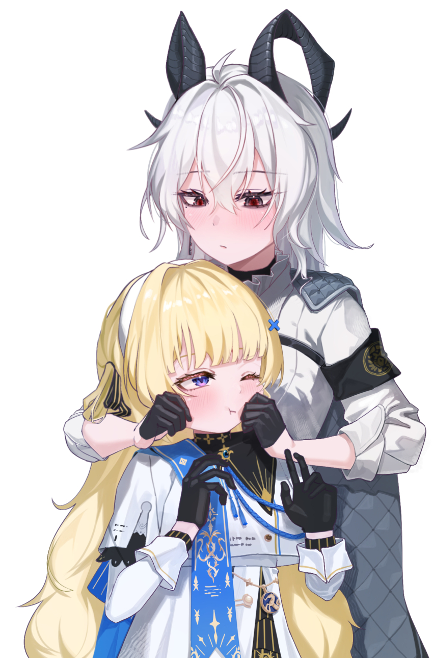 2girls armband black_armband black_bow black_collar black_gloves black_horns black_jacket blonde_hair blue_eyes blue_gemstone blue_sash blush bow cheek_pinching closed_mouth collar commentary curled_horns dokari gem gloves hair_between_eyes hair_bow hair_ornament hands_up high-waist_skirt highres horns jacket jacket_on_shoulders looking_at_another medium_hair mole mole_under_eye multiple_girls no_headwear one_eye_closed phoebe_(wuthering_waves) pinching pout sash shirt skirt sleeves_rolled_up striped_bow white_hair white_shirt white_skirt wuthering_waves x_hair_ornament zani_(wuthering_waves)