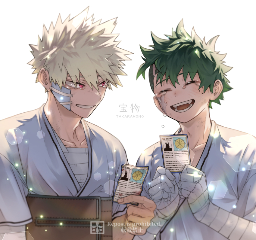 2boys :d ^_^ bakugou_katsuki bandaged_arm bandaged_chest bandaged_hand bandages blonde_hair boku_no_hero_academia card closed_eyes clothing_request collarbone commentary_request dirty dirty_face freckles gauze gauze_on_cheek green_hair hair_between_eyes hand_up hands_up happy_tears ho_(dotto615) holding holding_card hospital_gown lens_flare light_particles looking_at_another male_focus midoriya_izuku multiple_boys open_mouth playing_card red_eyes shaved_head short_hair simple_background smile spiked_hair tears teeth upper_body watermark white_background