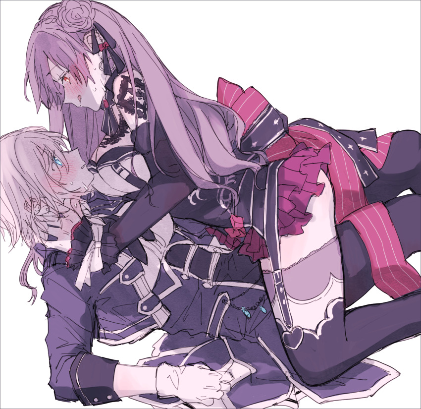 2girls amane_(7783) black_jacket black_thighhighs blue_eyes blush character_request check_copyright commentary_request copyright_request gloves grey_hair hand_on_another&#039;s_neck highres idolmaster idolmaster_cinderella_girls jacket licking_lips long_hair long_sleeves multiple_girls purple_hair purple_skirt red_eyes short_hair simple_background skirt straddling sweat thighhighs tongue tongue_out white_background white_gloves yuri