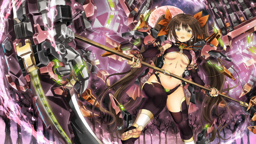 1girl absurdres black_panties black_thighhighs blush breasts brown_eyes brown_hair garimpeiro highres holding holding_scythe long_hair looking_at_viewer mecha_musume navel open_mouth orange_ribbon original panties ribbon science_fiction scythe shrug_(clothing) small_breasts smile solo thighhighs underboob underwear very_long_hair