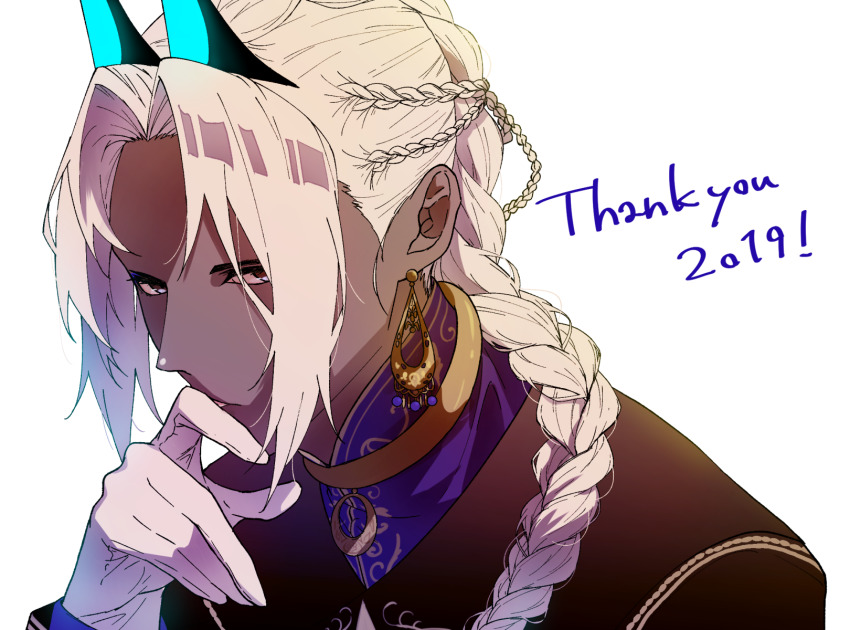 1boy alternate_costume alternate_hairstyle arjuna_(fate) arjuna_alter_(fate) arjuna_alter_(festival_outfit)_(fate) black_eyes braid capelet dark-skinned_male dark_skin earrings fate/grand_order fate_(series) fuka_(hk_nemo) gloves glowing_horns hair_between_eyes highres horns jewelry long_hair looking_at_viewer male_focus necklace ponytail simple_background solo upper_body white_gloves white_hair