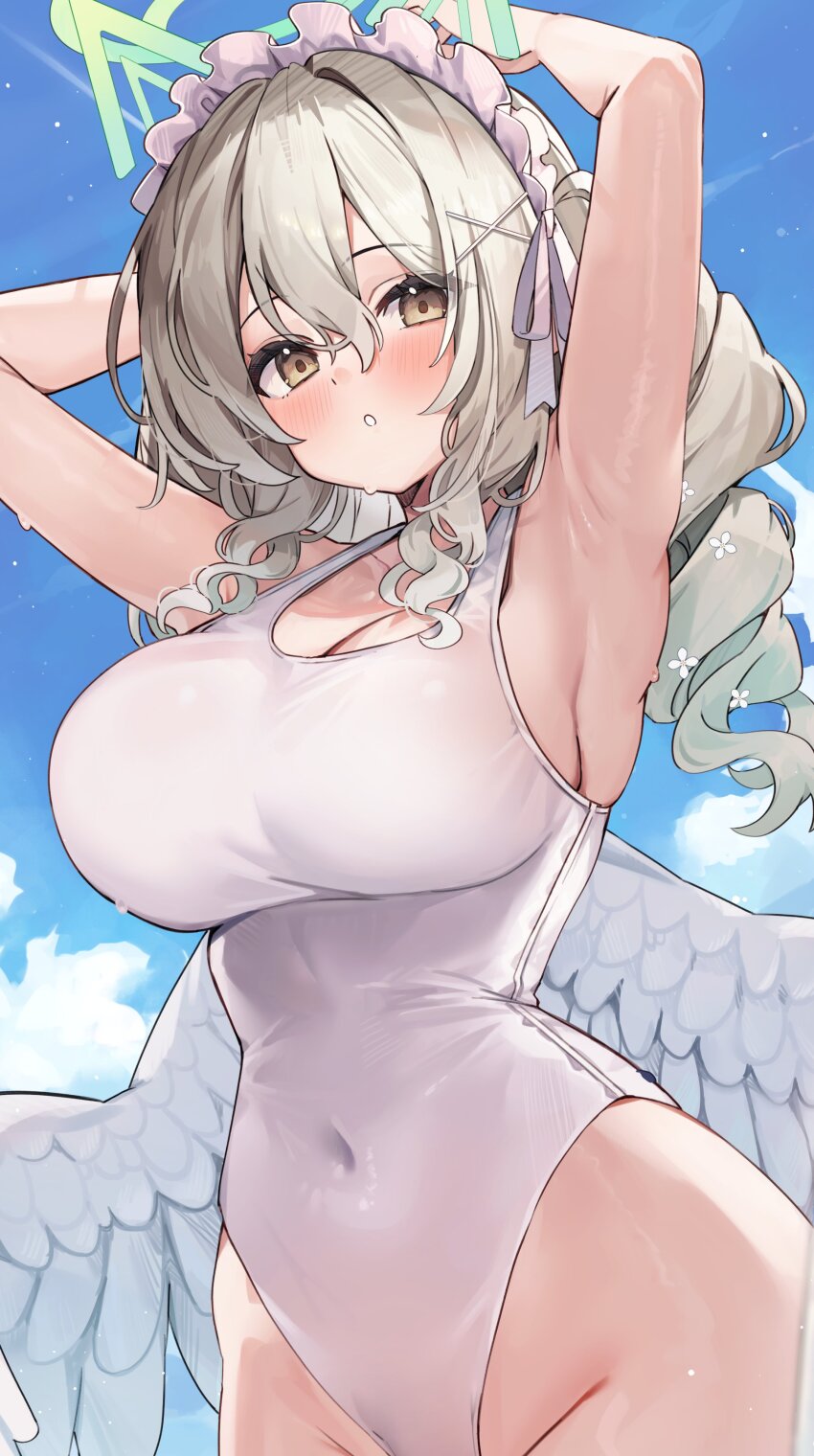 1girl absurdres angel angel_wings armpits arms_up blonde_hair blue_sky blush breasts brown_eyes cleavage cloud commission covered_navel drill_hair feathered_wings frilled_hairband frills green_halo hair_between_eyes hair_ornament hairband halo highres kuroshiro_kanae large_breasts long_hair looking_at_viewer nanase_eru one-piece_swimsuit outdoors parted_lips skeb_commission sky solo swimsuit varium virtual_youtuber white_hairband white_one-piece_swimsuit white_wings wings
