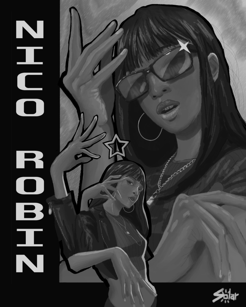 1girl bad_id bad_twitter_id blunt_bangs character_name earrings extra_arms greyscale hana_hana_no_mi highres hoop_earrings jewelry long_hair looking_at_viewer monochrome multiple_views nico_robin one_piece parted_lips paulorsolar signature solo sparkle sunglasses