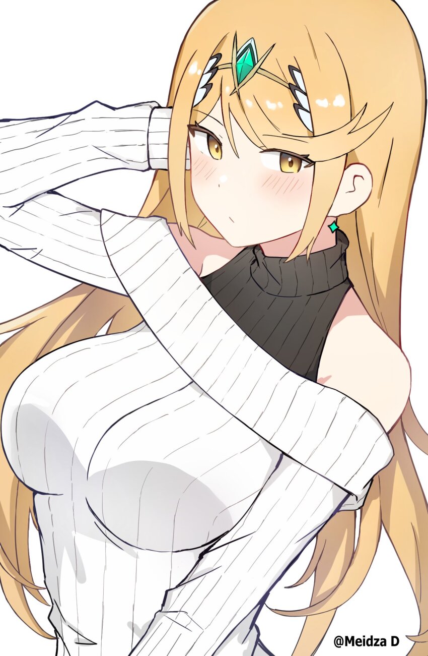 1girl alternate_costume arm_behind_head artist_name blonde_hair blush breasts commentary highres large_breasts long_hair looking_at_viewer meidza_d mythra_(xenoblade) off-shoulder_sweater off_shoulder simple_background solo sweater tiara twitter_username upper_body white_background white_sweater xenoblade_chronicles_(series) xenoblade_chronicles_2 yellow_eyes