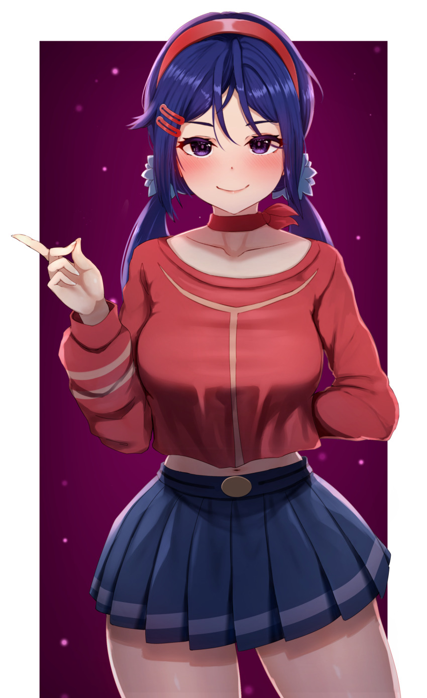 1girl absurdres arm_behind_back blue_eyes blue_hair blue_skirt blush border breasts choker closed_mouth collarbone commentary_request crazy_mita_(miside) cropped_sweater hair_between_eyes hair_ornament hairband hairclip highres large_breasts long_hair long_sleeves looking_at_viewer low_twintails medium_breasts midriff miniskirt miside mita_(miside) navel partial_commentary pillarboxed pleated_skirt red_choker red_hairband red_shirt red_thighhighs shirt simple_background skirt smile solo standing thick_thighs thighhighs thighs twintails white_border yuu_cream