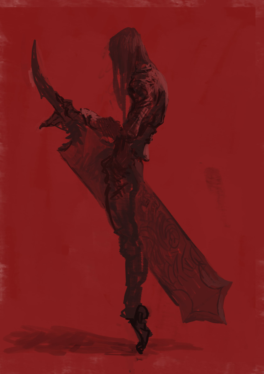 1boy absurdres greatsword highres holding holding_sword holding_weapon huge_weapon long_hair male_focus original red_background red_theme simple_background solo sword tiptoes wan_young_yun weapon