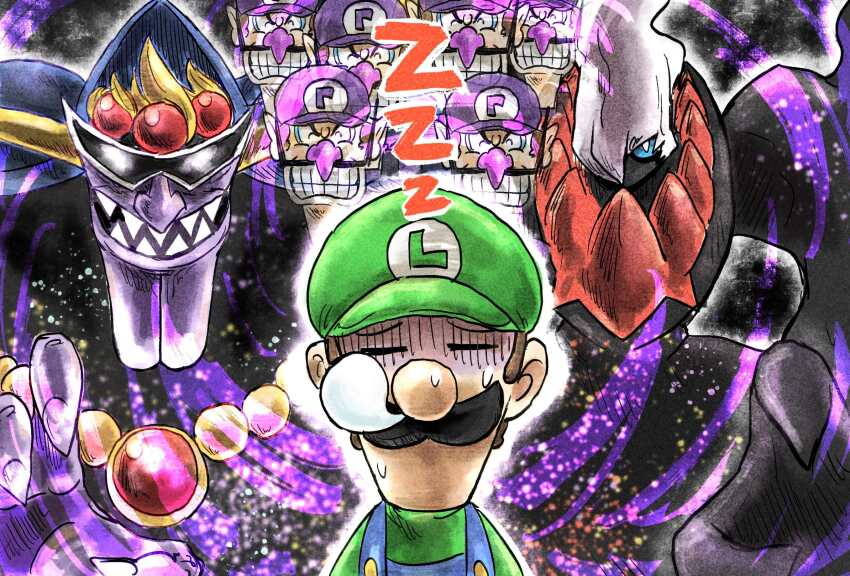 blue_eyes company_connection crossover darkrai disgust facial_hair gen_4_pokemon green_headwear highres jewelry kicdon kirby&#039;s_adventure kirby_(series) legendary_pokemon luigi male_focus mario_(series) multiple_boys mustache mythical_pokemon nightmare nightmare_(kirby) nintendo nose_bubble pendant pokemon pokemon_(creature) purple_headwear sharp_teeth sleeping smile sunglasses super_smash_bros. sweat teeth waluigi zzz