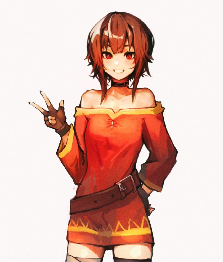 1girl bandaged_leg bandages belt belt_buckle black_gloves brown_belt brown_hair buckle choker collarbone dress fingerless_gloves gloves hair_between_eyes happy highres ice_calm kono_subarashii_sekai_ni_shukufuku_wo! looking_at_viewer megumin off-shoulder_dress off_shoulder red_dress red_eyes short_hair short_hair_with_long_locks sidelocks single_thighhigh smile solo thighhighs