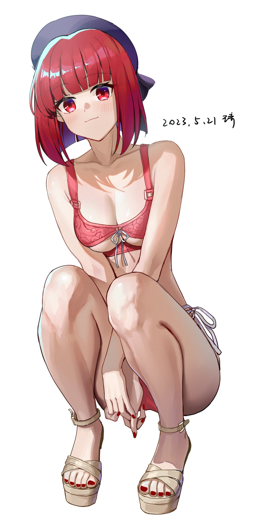 1girl absurdres arima_kana artist_name bikini blunt_bangs blunt_ends blush breasts chinese_commentary cleavage collarbone commentary dated fingernails front-tie_bikini_top front-tie_top full_body highres looking_at_viewer medium_breasts nail_polish oshi_no_ko own_hands_together platform_footwear platform_sandals red_bikini red_eyes red_hair sandals short_hair side-tie_bikini_bottom signature smile solo squatting swimsuit toenail_polish toenails translated underboob wangqi