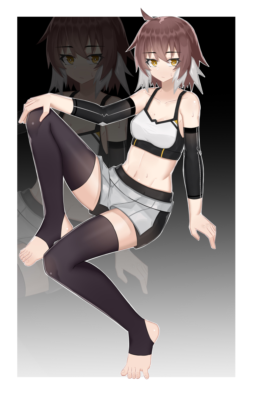 1girl absurdres ahoge arknights bare_shoulders bird_girl black_thighhighs blush bright_pupils brown_hair compression_sleeve feather_hair feet hair_between_eyes highres legs looking_at_viewer midriff multicolored_hair muusn navel plume_(arknights) plume_(easy_time)_(arknights) short_hair solo sports_bra stirrup_legwear sweatdrop thighhighs toeless_legwear toes two-tone_hair white_hair white_pupils white_sports_bra yellow_eyes zoom_layer