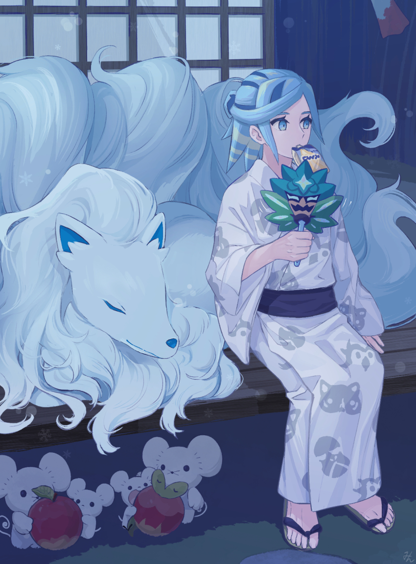 1boy alolan_form alolan_ninetales alternate_costume applin arm_support black_sash blue_eyes blue_hair commentary_request eyelashes gen_7_pokemon gen_8_pokemon grusha_(pokemon) hair_bun hand_fan highres holding holding_fan japanese_clothes kimono male_focus maushold maushold_(family_of_four) medium_hair min_(myna8247) mouth_hold nintendo pokemon pokemon_(creature) pokemon_sv sandals sash signature sitting toes white_kimono