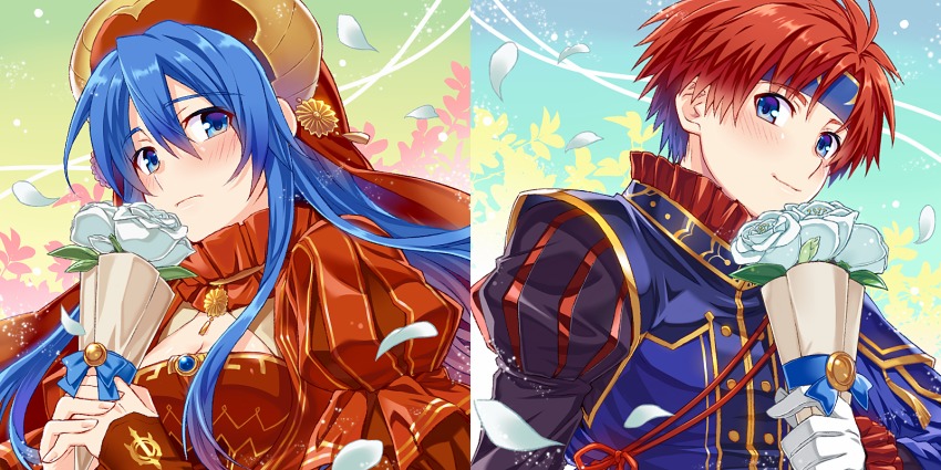 1boy 1girl armor blue_armor blue_eyes blue_hair blush couple dress fire_emblem fire_emblem:_the_binding_blade fire_emblem_heroes flower gloves hat hetero highres jewelry lilina_(fire_emblem) lilina_(blush_of_youth)_(fire_emblem) long_hair nintendo red_hair roy_(fire_emblem) roy_(youthful_gifts)_(fire_emblem) short_hair smile yuki_(sumaburalove)