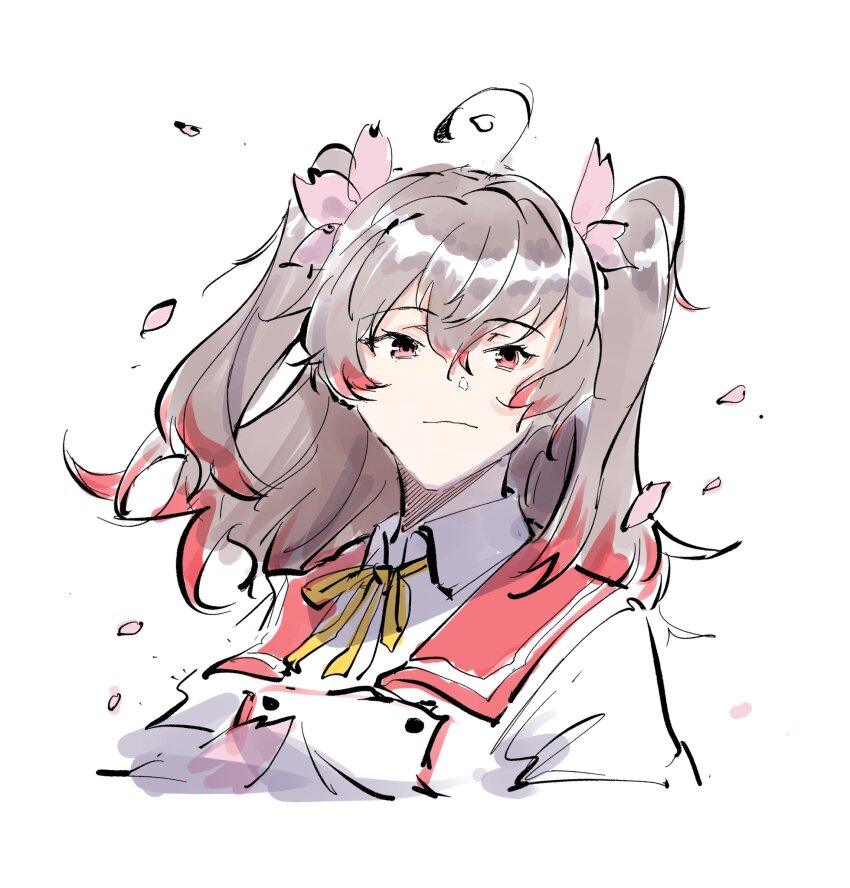 1girl ahoge asakura_mihono brown_hair closed_mouth collared_shirt gradient_hair hair_between_eyes hair_ribbon hashtag-only_commentary highres long_sleeves looking_at_viewer medium_hair minoseki_gakuin_uniform multicolored_hair neck_ribbon orange_eyes orange_ribbon petals red_hair ribbon school_uniform shirt sidelocks simple_background solo toji_no_miko two_side_up upper_body white_background white_shirt winter_uniform yamamoto_kichiko